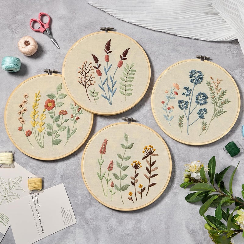 Bonroy 4 Sets Embroidery Kit for Beginners,Embroidery Kit for Art Craft Handy Sewing Include Embroidery Clothes with Pattern,Embroidery Hoops, Instructions,Color Threads Needle Kit (Multi 5) - Image 2